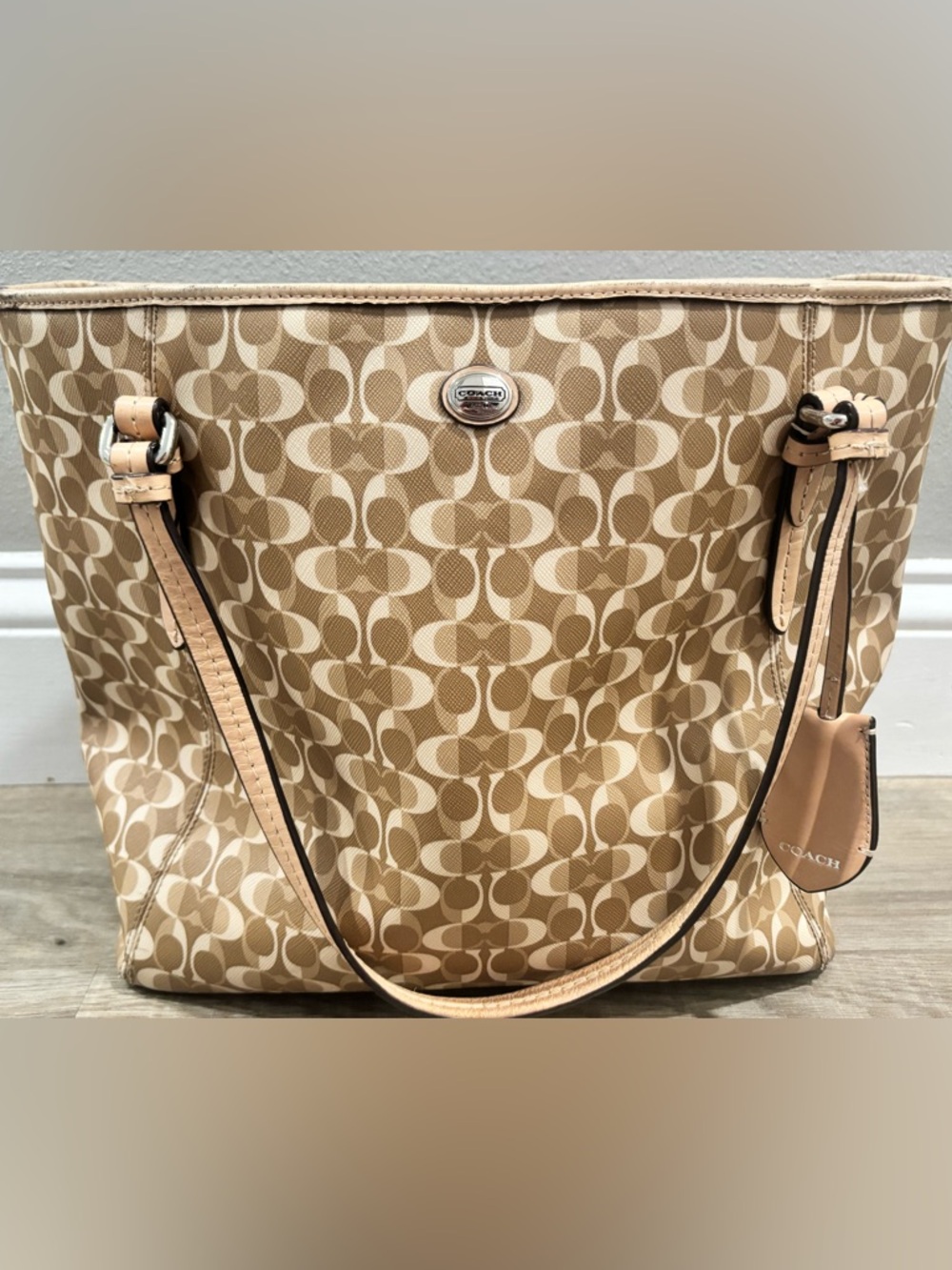 Coach Beige and Cream Signature Pattern Tote